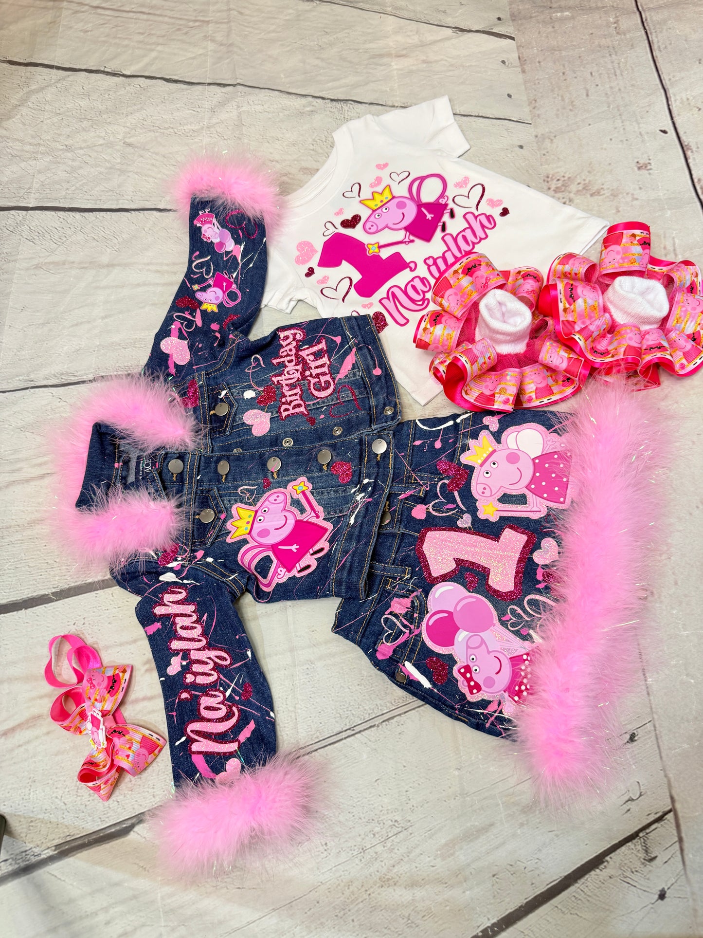 Peppa Pig Denim Outfit, Peppa Big Birthday outfit (glitter double layer design)