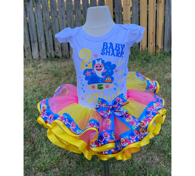 Baby Shark Tutu Outfit Set (3 Layer Ribbon tutu) with matching shoes and headband.