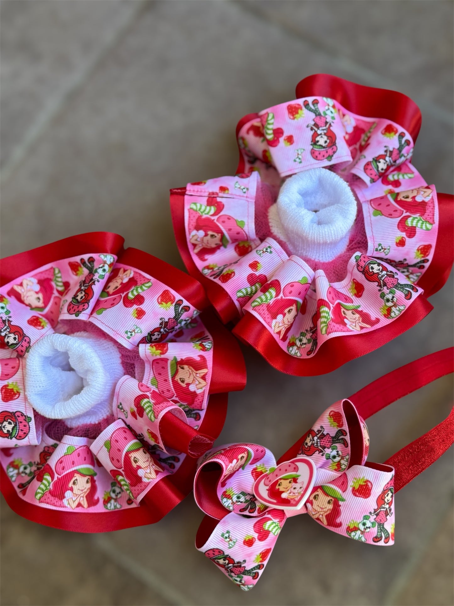 Strawberry Shortcake Tutu Socks, Strawberry Shortcake ruffle Sock, Strawberry shortcake Headband/ hair clip