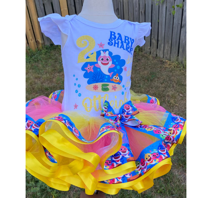 Baby Shark Tutu Outfit Set (3 Layer Ribbon tutu) with matching shoes and headband.