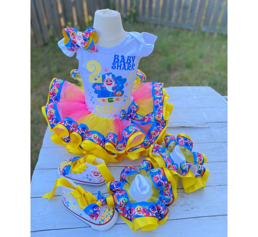 Baby Shark Tutu Outfit Set (3 Layer Ribbon tutu) with matching shoes and headband.