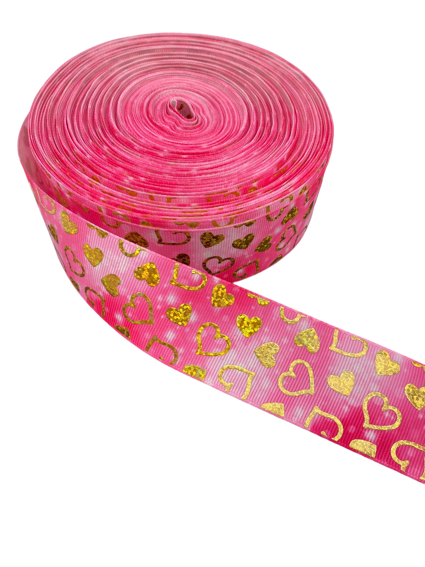 #C174 (Pink Heart Gold Foil Ribbon (38mm /1.5 inches) 1 yard 🟢