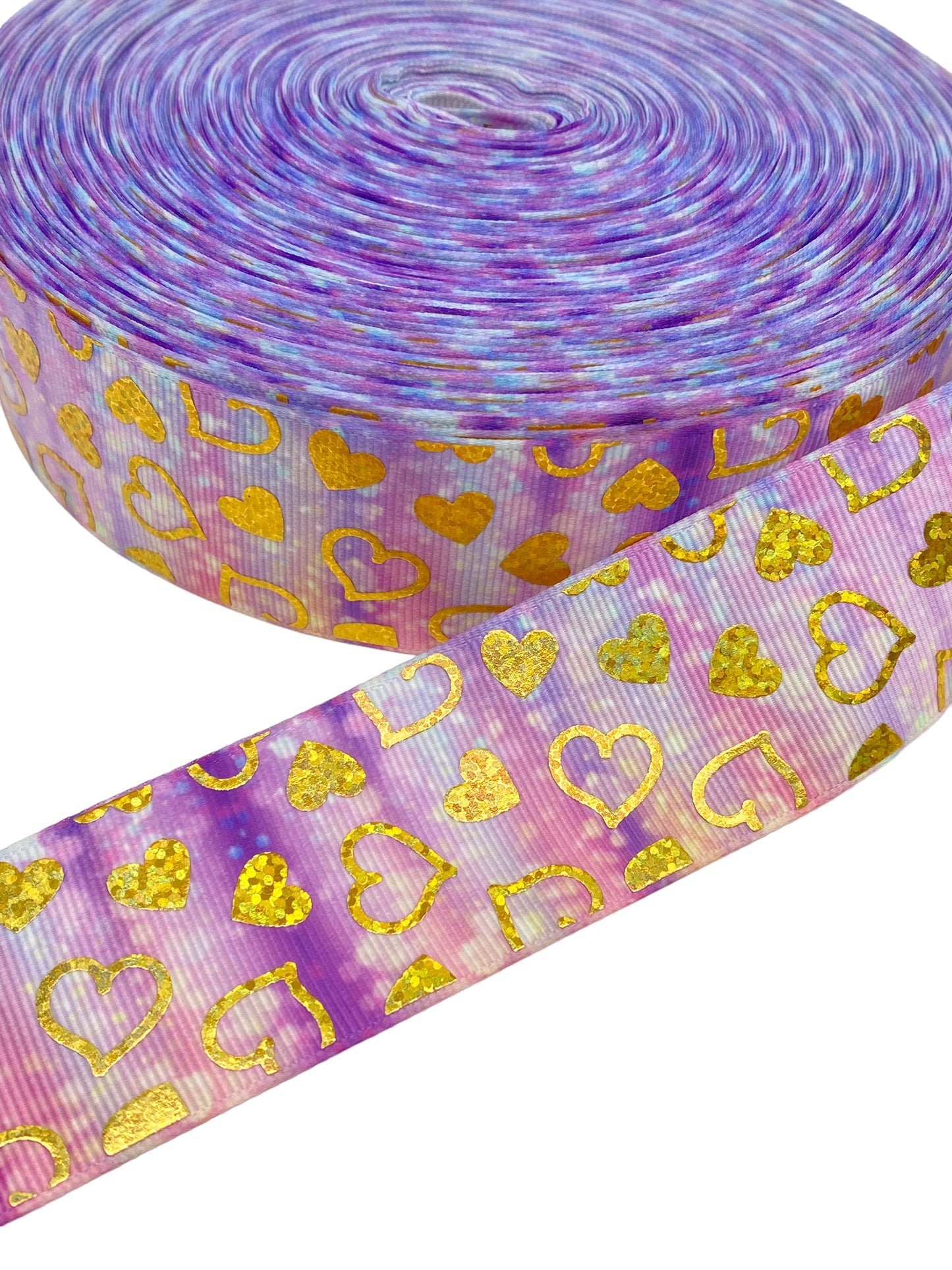 #C177 (Heart Purple Gold Foil Ribbon (38mm /1.5 inches) 1 yard 🟢