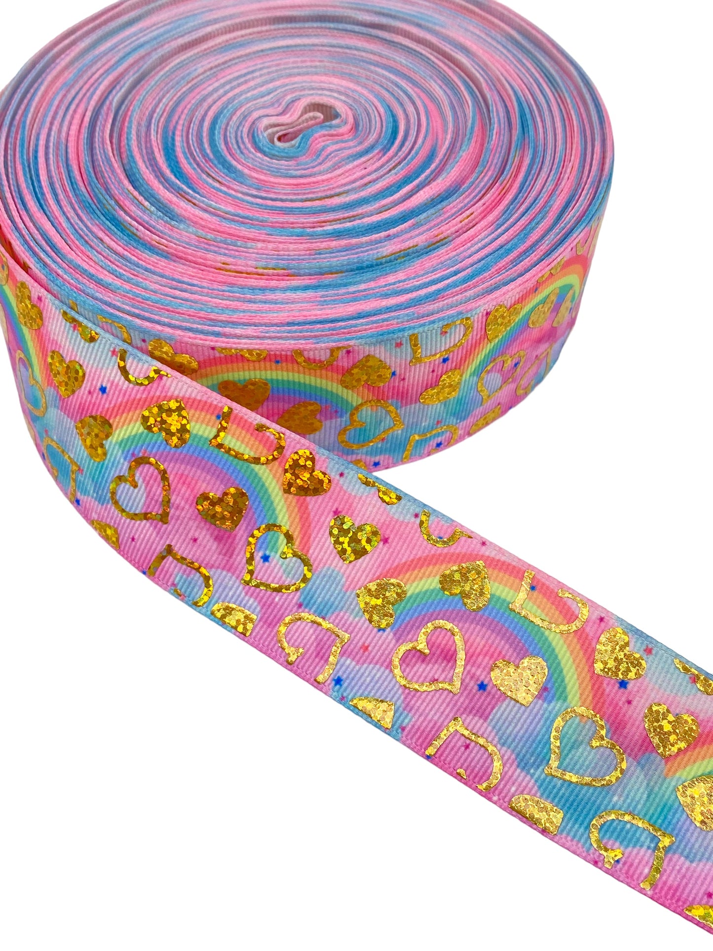 #C175 (Heart Gold Foil Rainbow Ribbon (38mm /1.5 inches) 1 yard 🟢