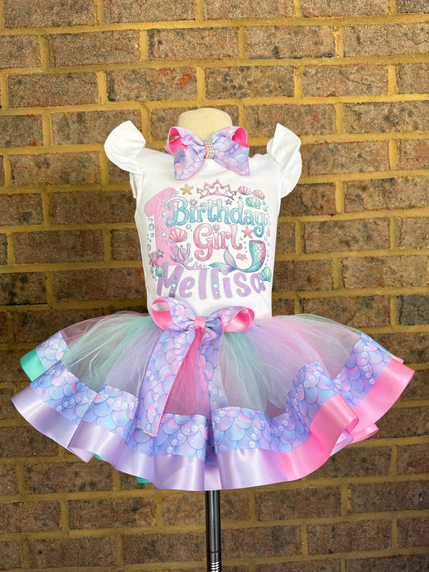 Mermaid Tutu Outfit (2 layer ribbon trim tutu)