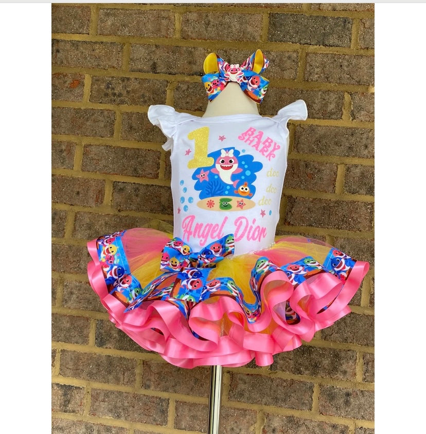 Baby Shark Tutu Outfit (3 Layer tutu with matching shoes and Hair Accessory)