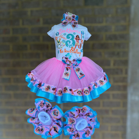 Moana Tutu Outfit, Moana Birthday tutu outfit, 2 Layer Ribbon Trimmed tutu outfit with Matching Socks
