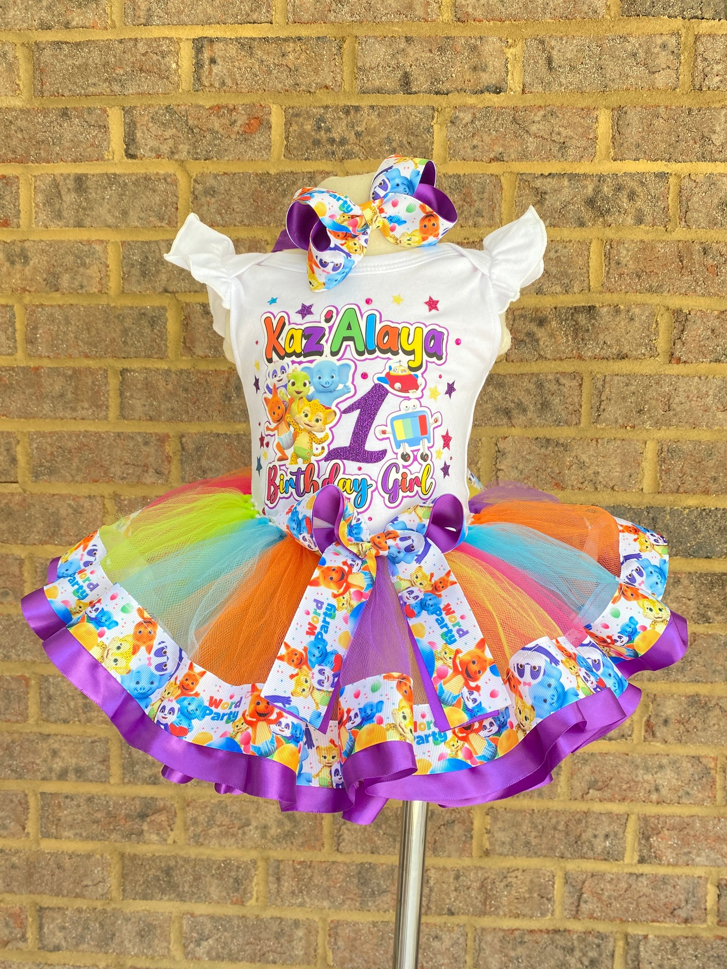 Word Party Tutu Outfit (3 Layer ribbon trimmed tutu)