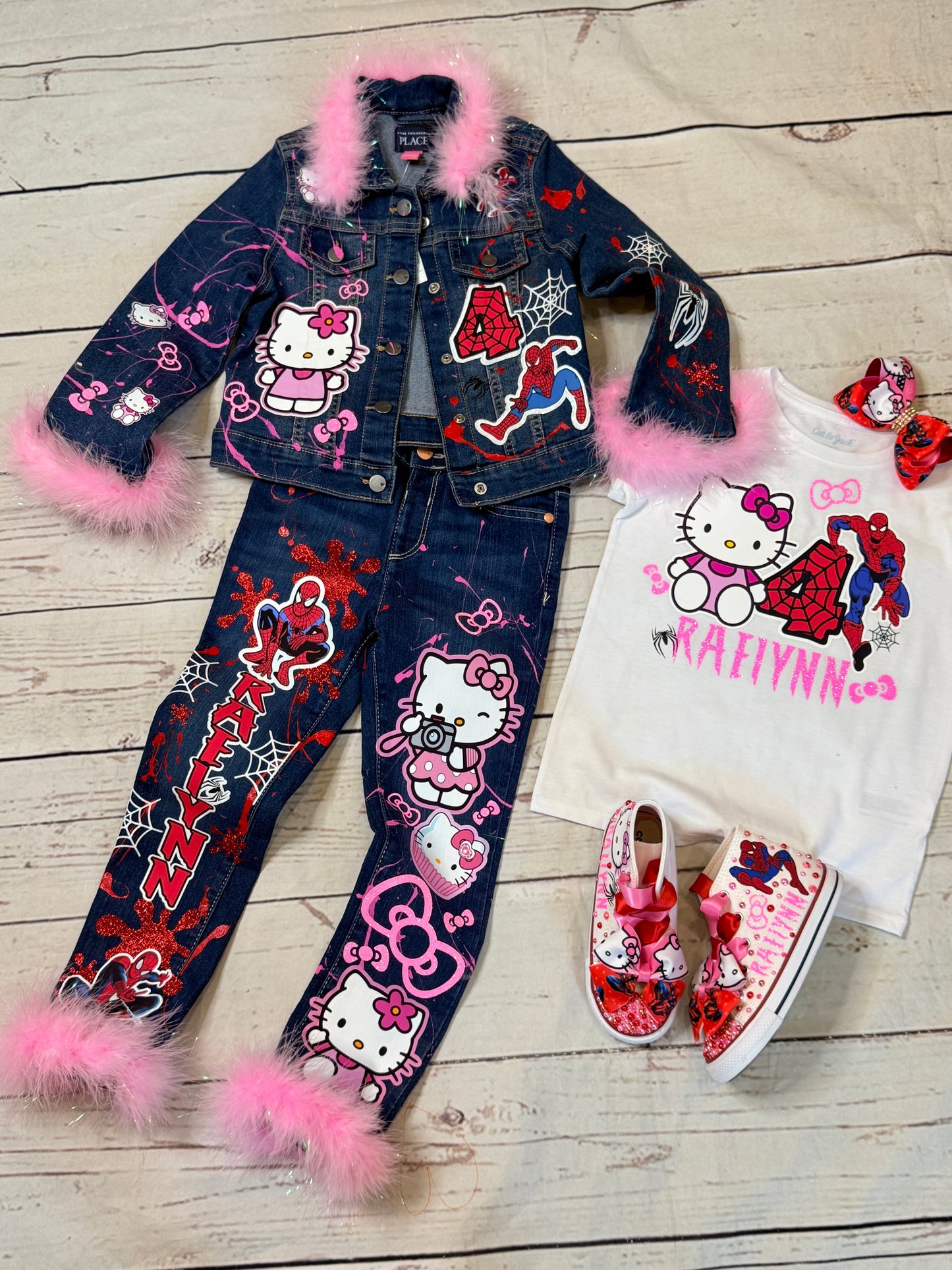 Spider Man & Hello Kitty Denim Set, spider man denim birthday outfit, hello kitty denim birthday outfit