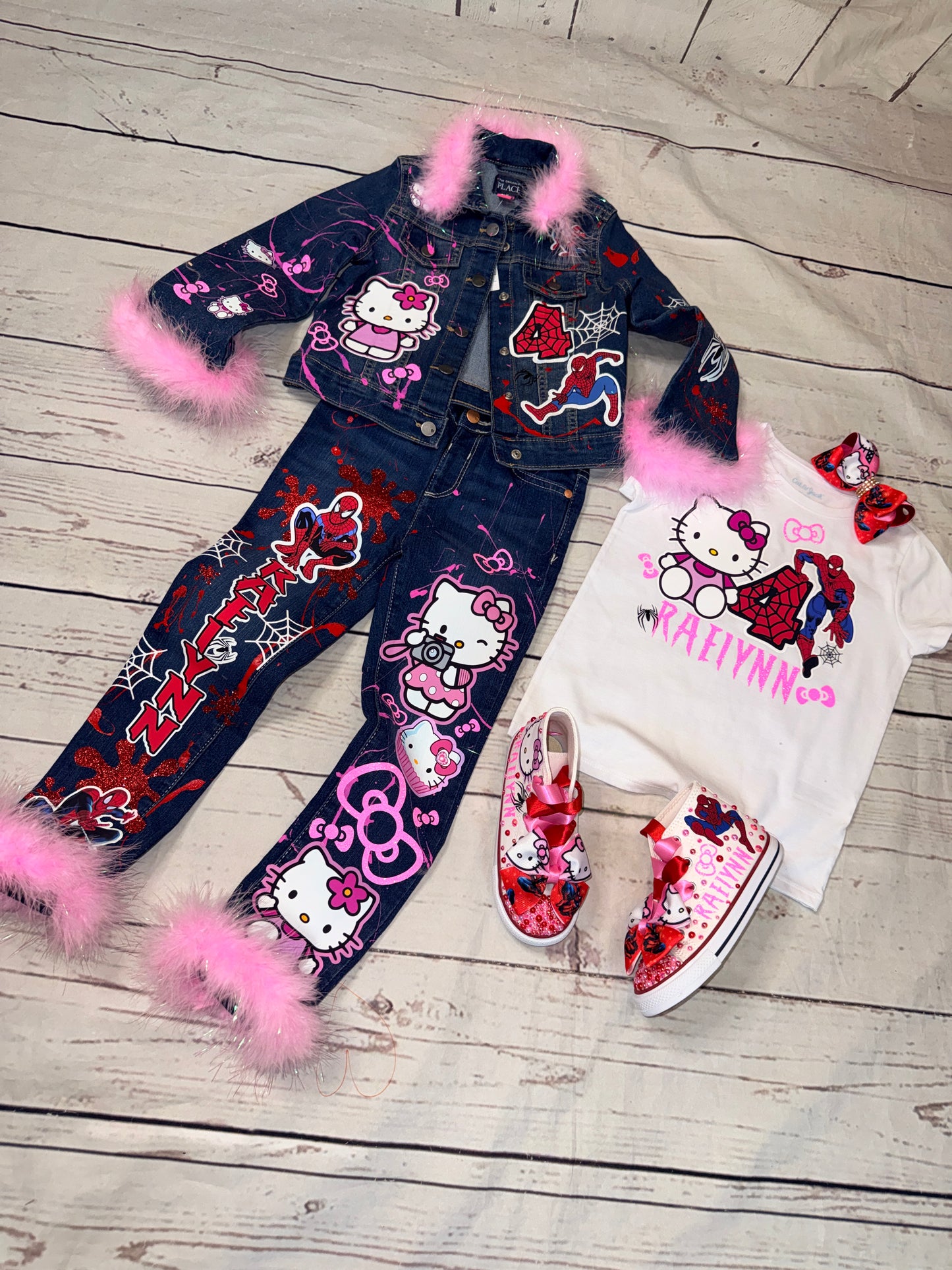 Spider Man & Hello Kitty Denim Set, spider man denim birthday outfit, hello kitty denim birthday outfit
