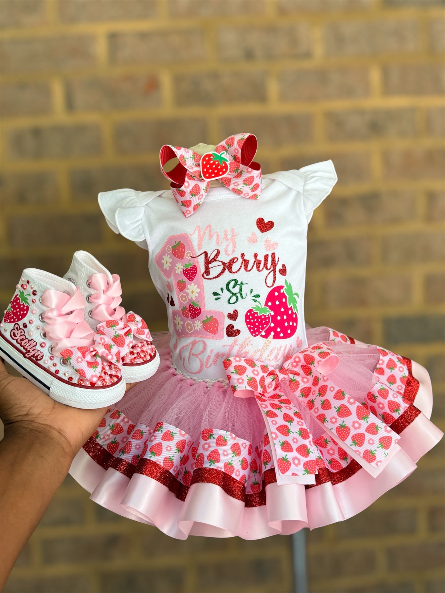 Strawberry Tutu Outfit, strawberry tutu with matching shoes, Berry First Birthday tutu outfit