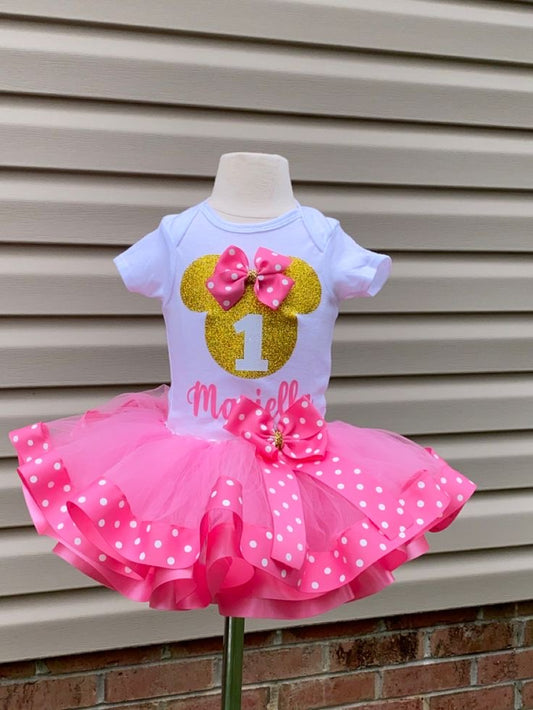 Minnie Mouse Tutu Outfit (2 layer Ribbon Trimmed tutu outfit)