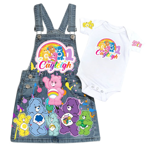 Carebear Denim outfit, Carebear jeans overall dress, Carbear Birthday jeans outfit