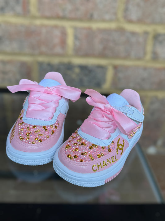 Designer Inspired Air Force 1’s Sneakers Girls Sneakers, Pink and Gold Air Force 1’s