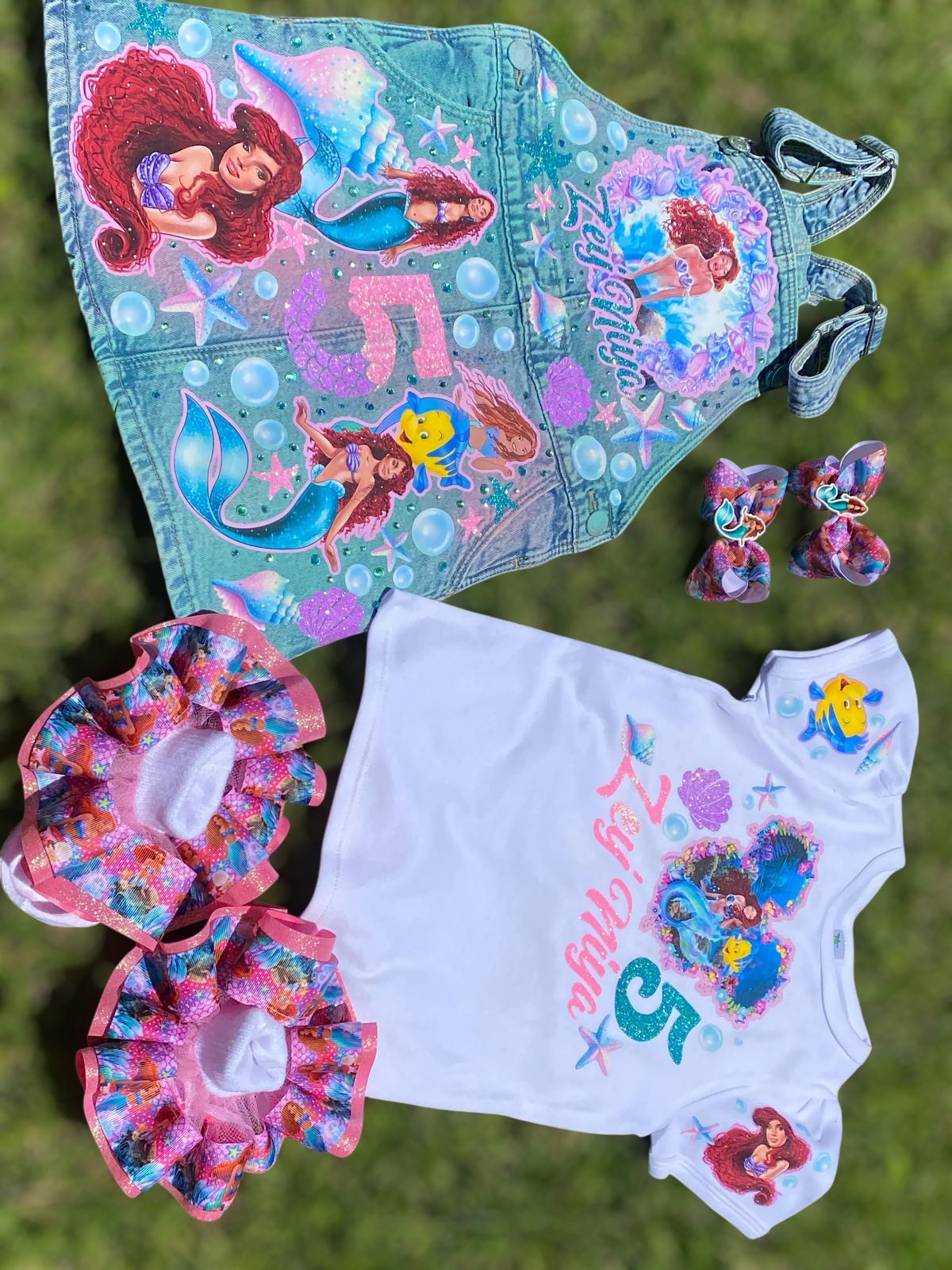 Little Mermaid Denim overall , Little mermaid jeans Overall with Socks and Bows