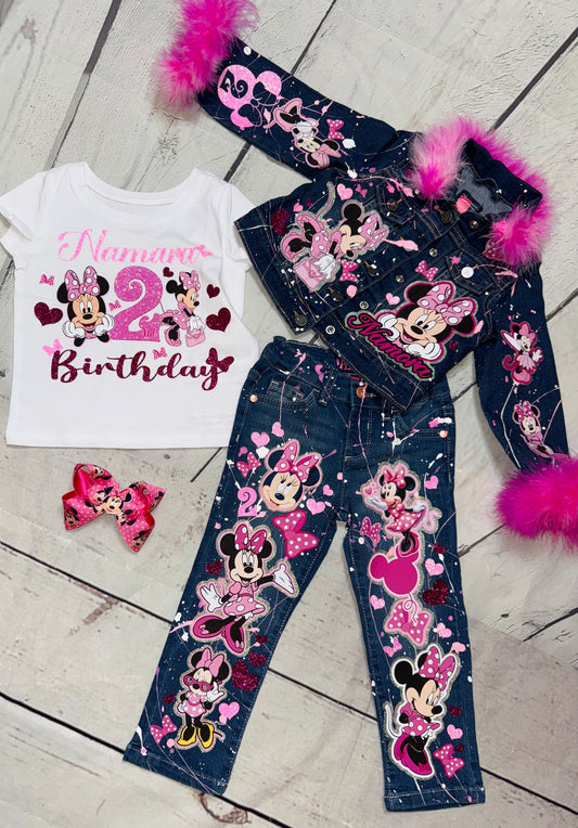 Minnie Mouse Denim outfit, Minnie Mouse Jeans Outfit  (Double Layer Glitter Design)