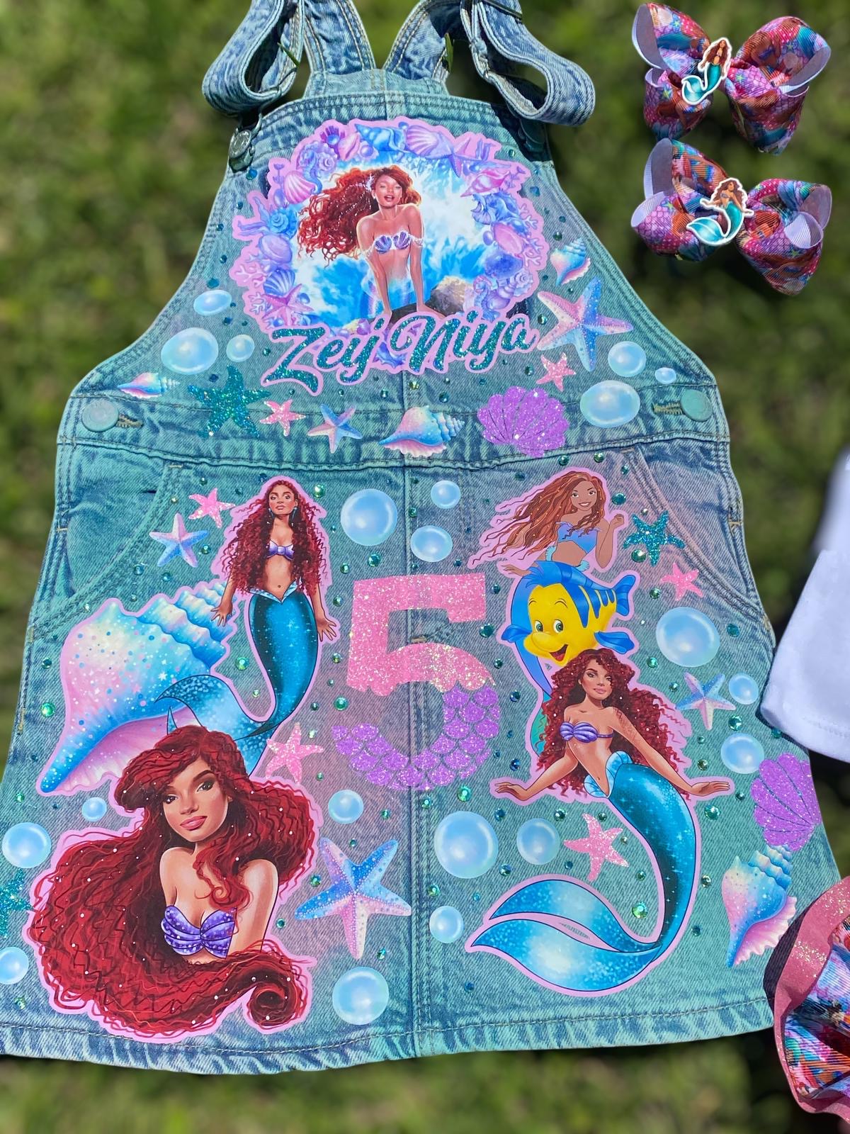 Little Mermaid Denim overall , Little mermaid jeans Overall with Socks and Bows