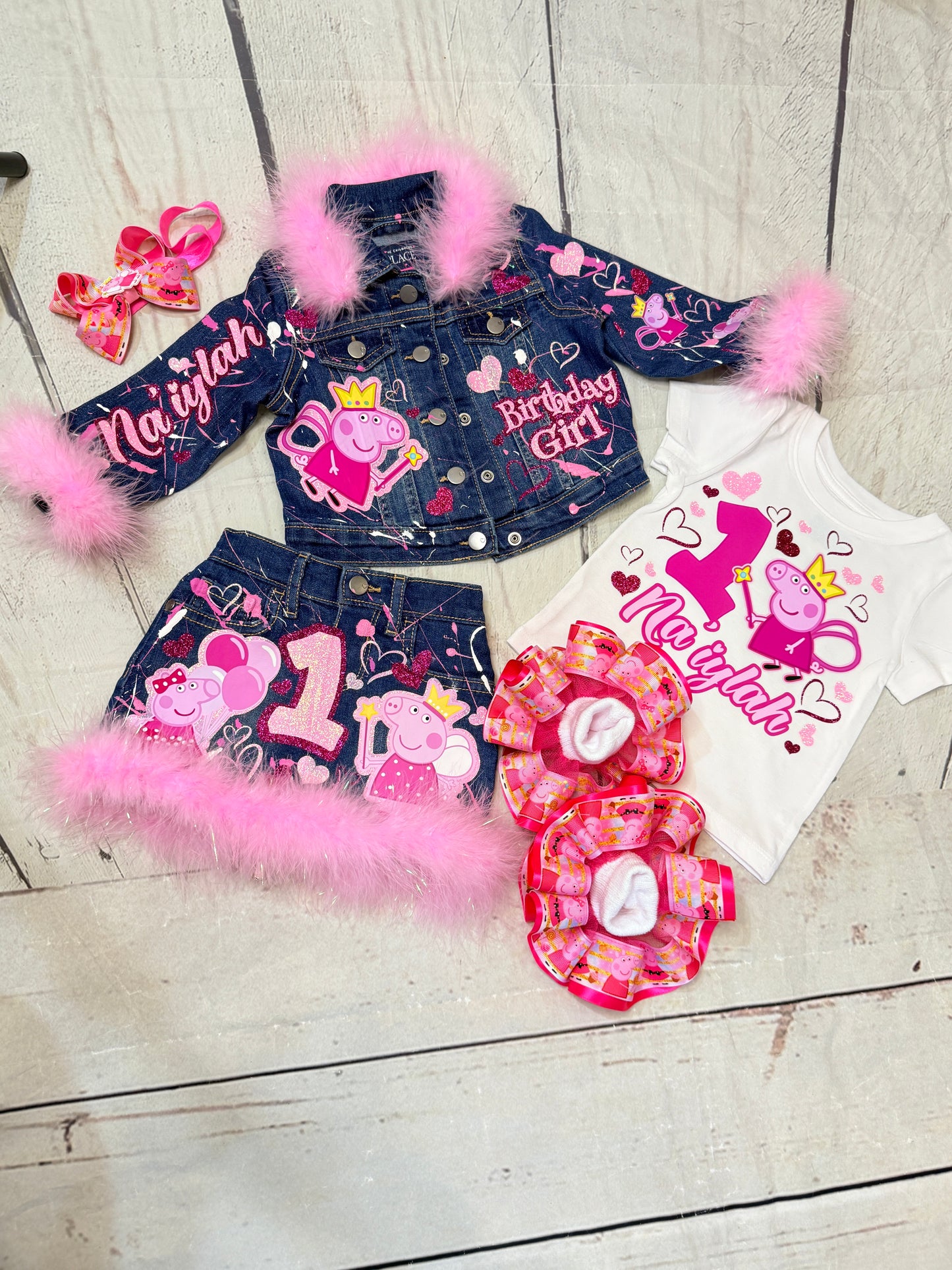 Peppa Pig Denim Outfit, Peppa Big Birthday outfit (glitter double layer design)