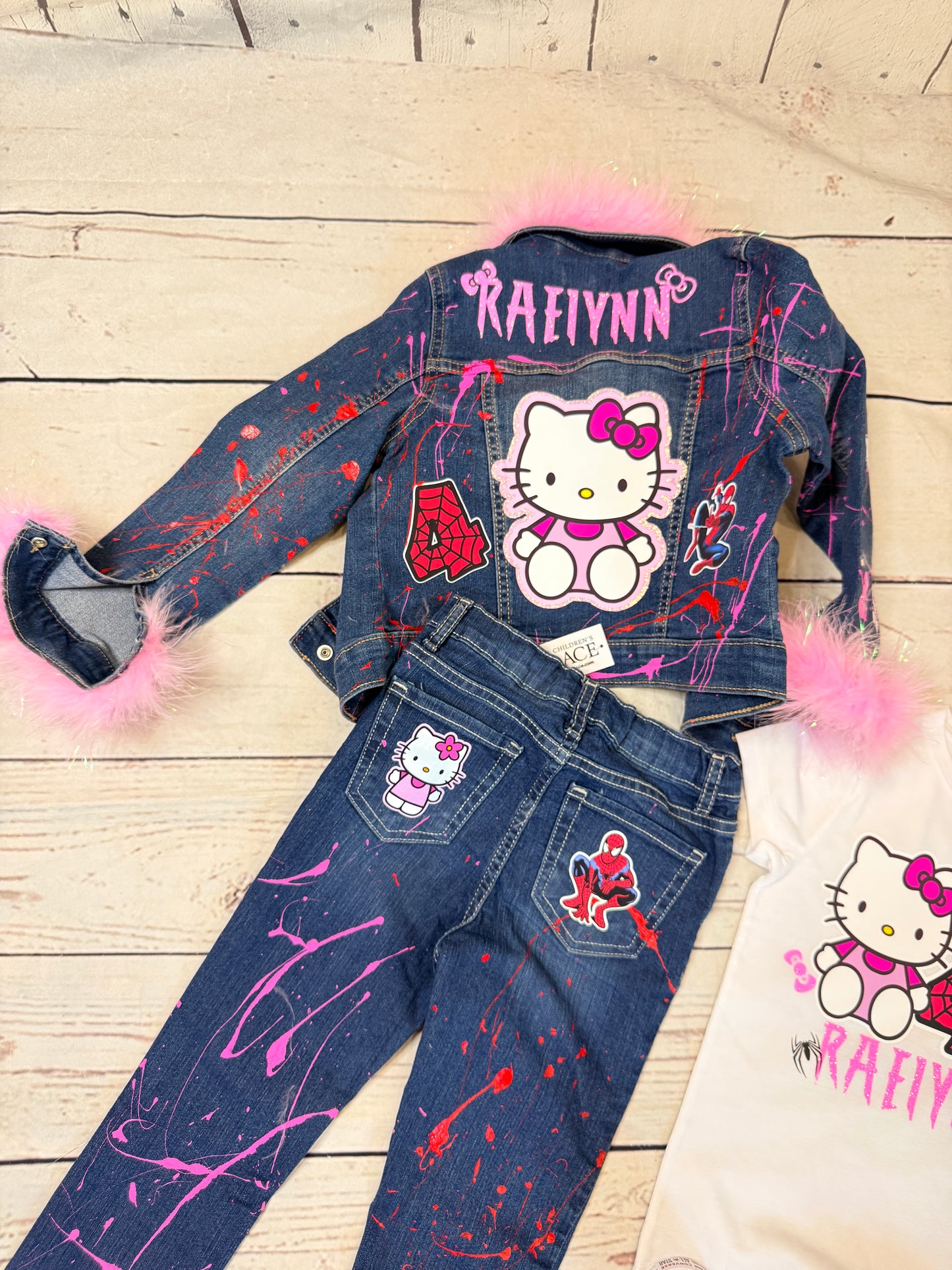 Spider Man & Hello Kitty Denim Set, spider man denim birthday outfit, hello kitty denim birthday outfit