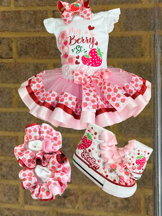 Strawberry Tutu Outfit, strawberry tutu with matching shoes and sock, Berry First Birthday tutu outfit
