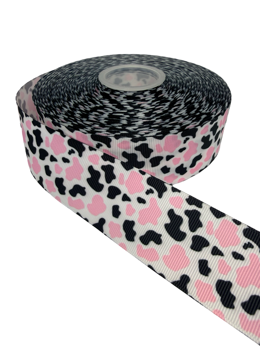 White, Pink & Black Cow Print  Ribbon  🟢 1.5 Inch white, Pink & Black Cow print Ribbon