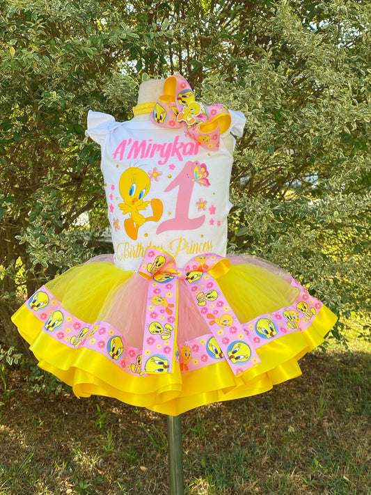 Tweety Bird Tutu Outfit (3 layer Ribbon Trimmed tutu outfit) Tweety3