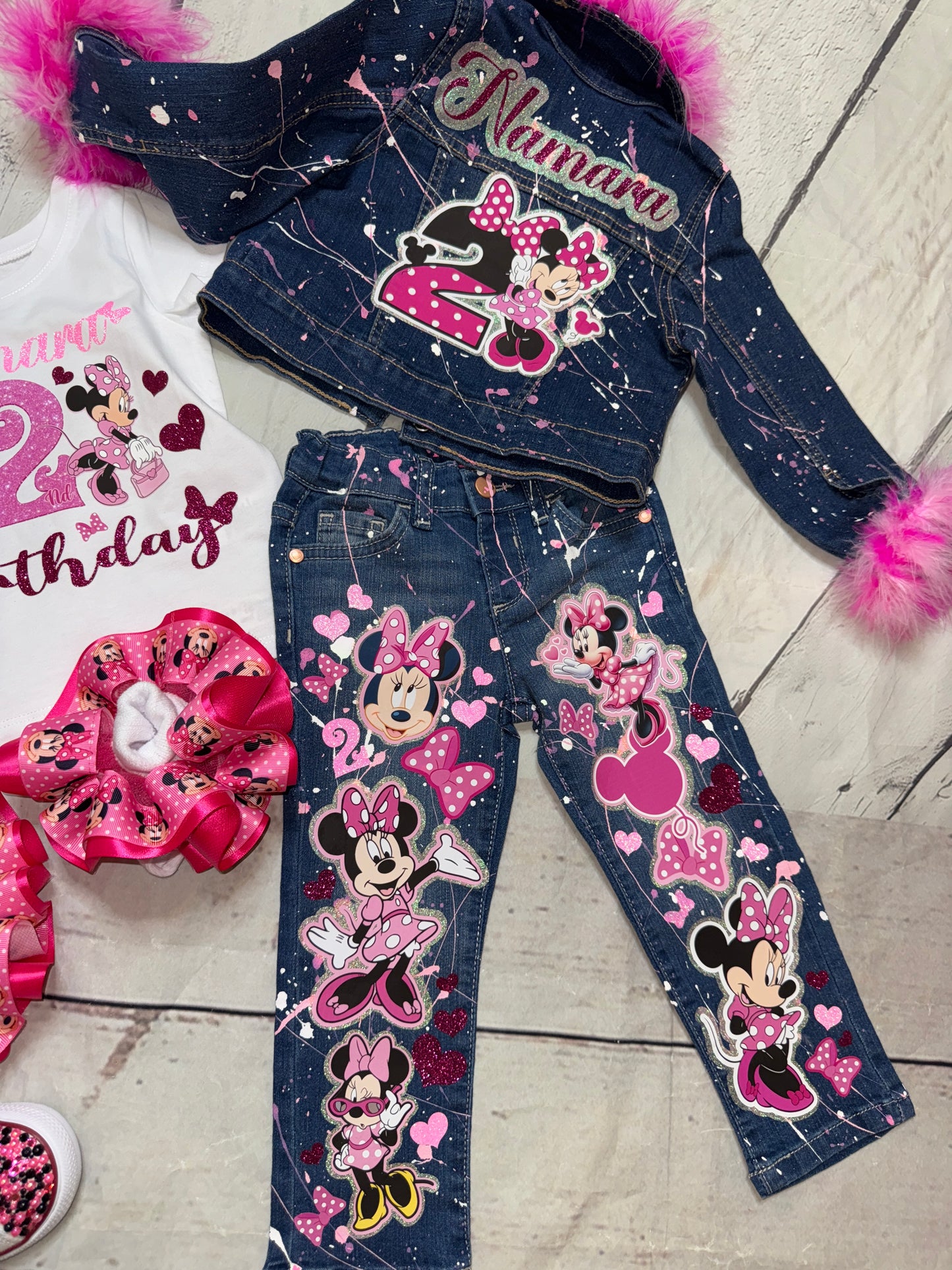 Minnie Denim Outfit, Minnie Jeans outfit ( Double Layer Glitter Design)