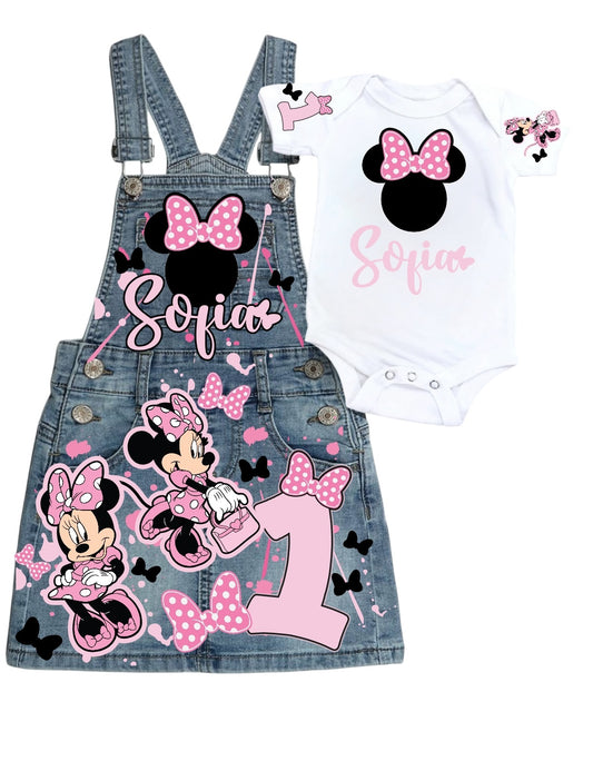 Minnie Mouse Denim overall outfit, jeans overall dress, Minnie mouse birthday jeans dress