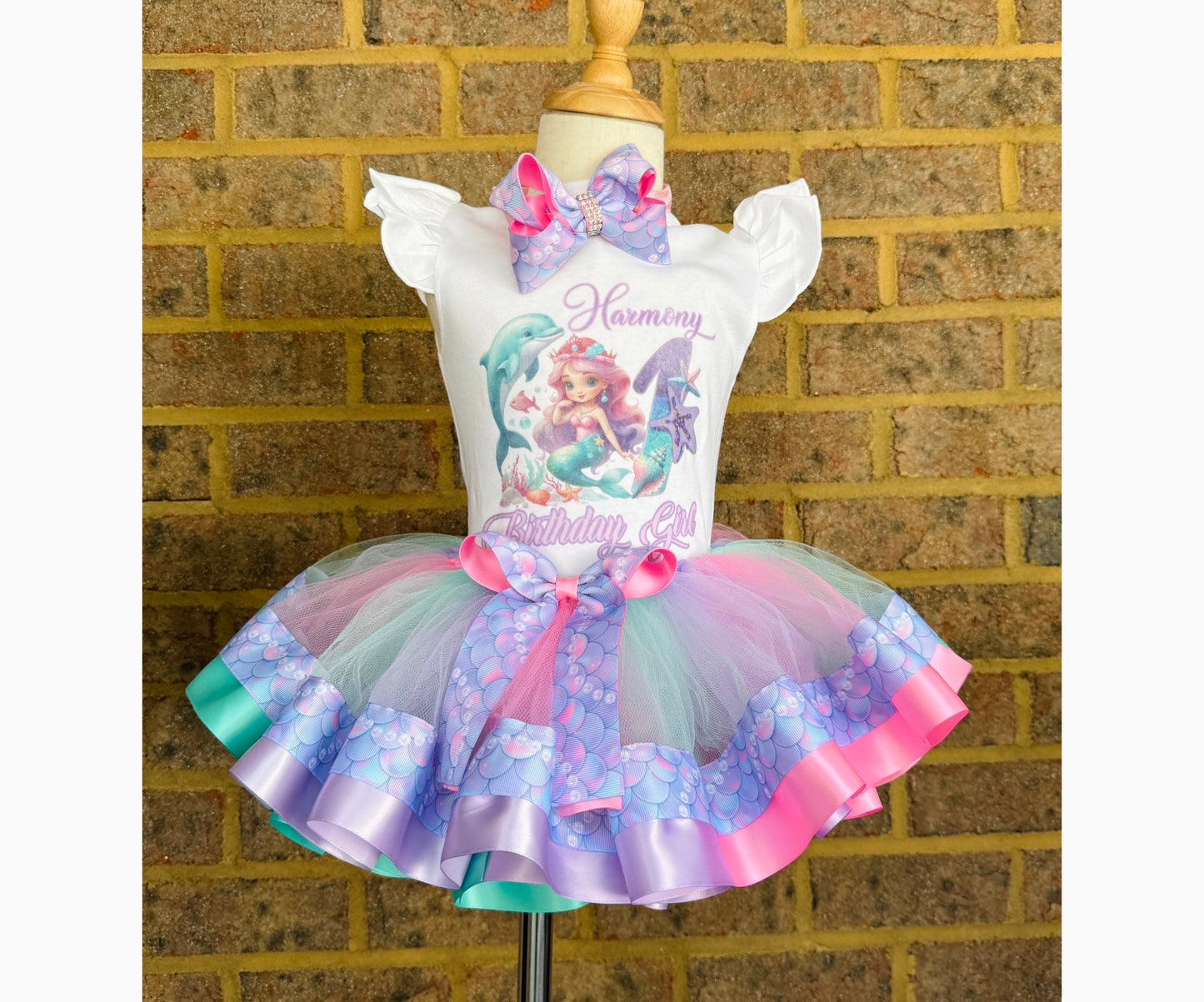 Mermaid Tutu Outfit (2 layer ribbon trim tutu)