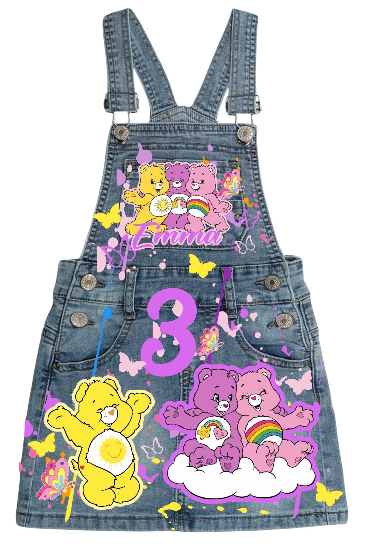 Carebear Denim outfit, Carebear jeans overall dress, Carbear Birthday jeans outfit