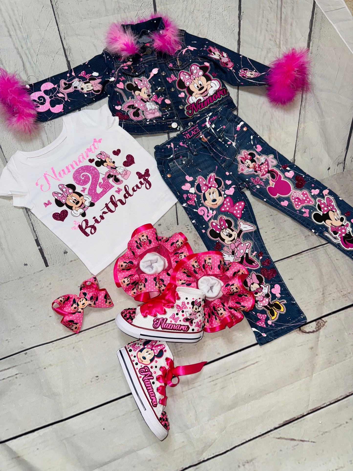 Minnie Denim Outfit, Minnie Jeans outfit ( Double Layer Glitter Design)