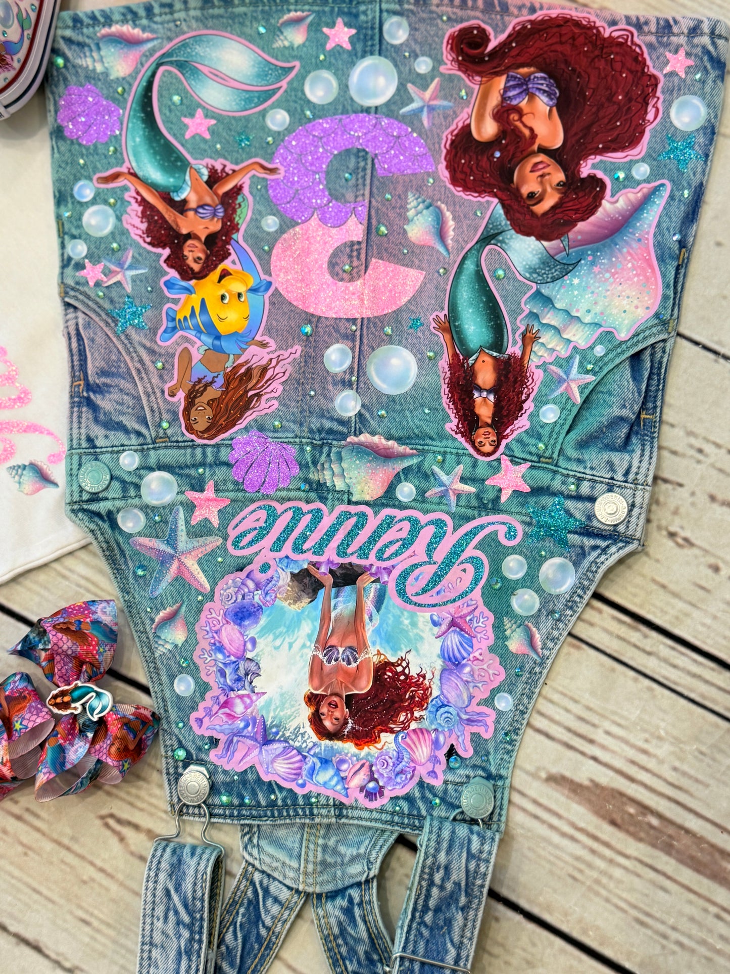 Little Mermaid Denim overall , Little mermaid jeans Overall with Socks and Bows