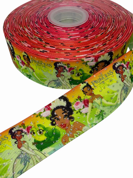 #C251 (Princess Tiana Ribbon 38mm / 1.5 inch Ribbon with Glitter (1 Yard)🟢