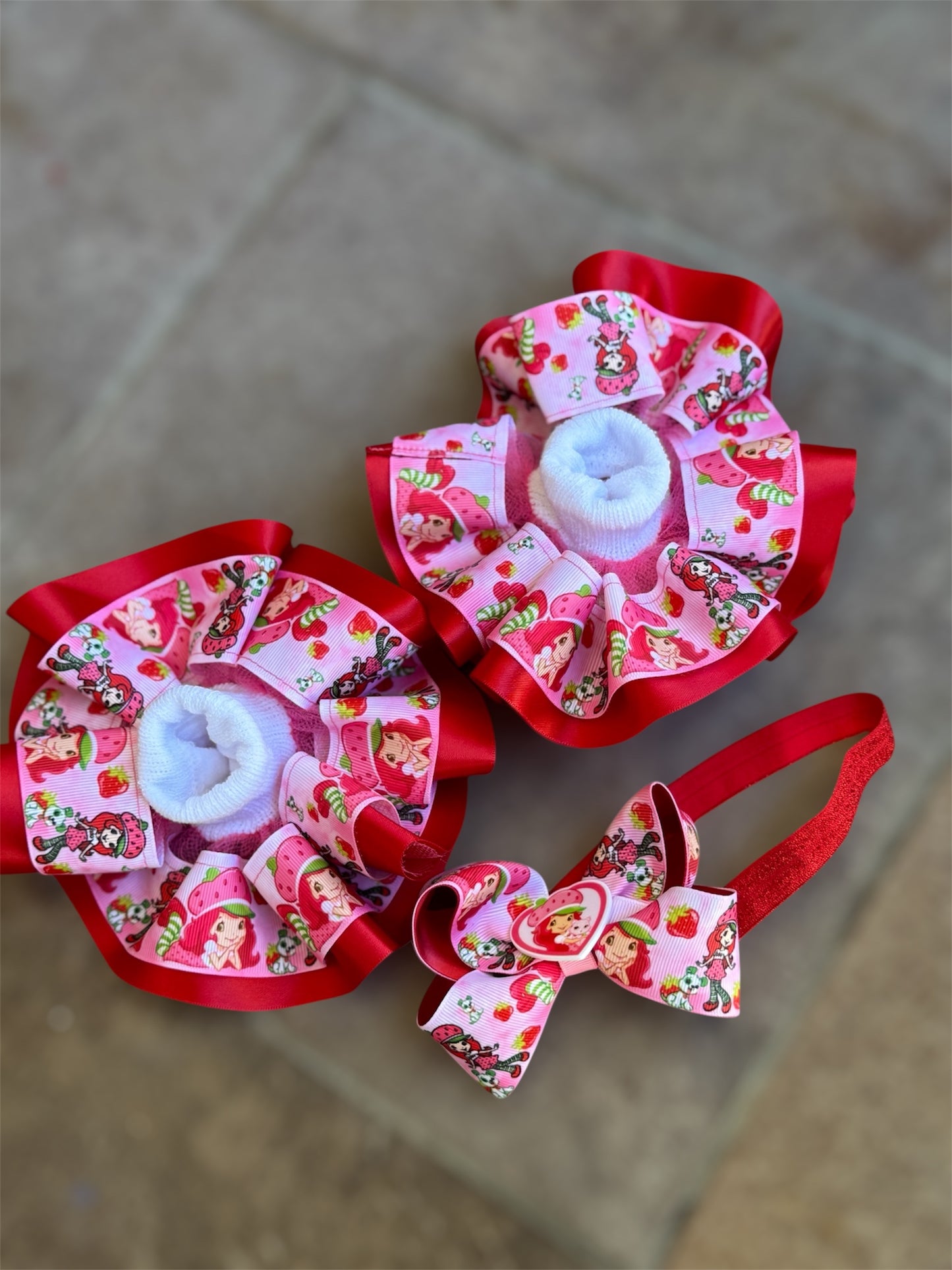 Strawberry Shortcake Tutu Socks, Strawberry Shortcake ruffle Sock, Strawberry shortcake Headband/ hair clip