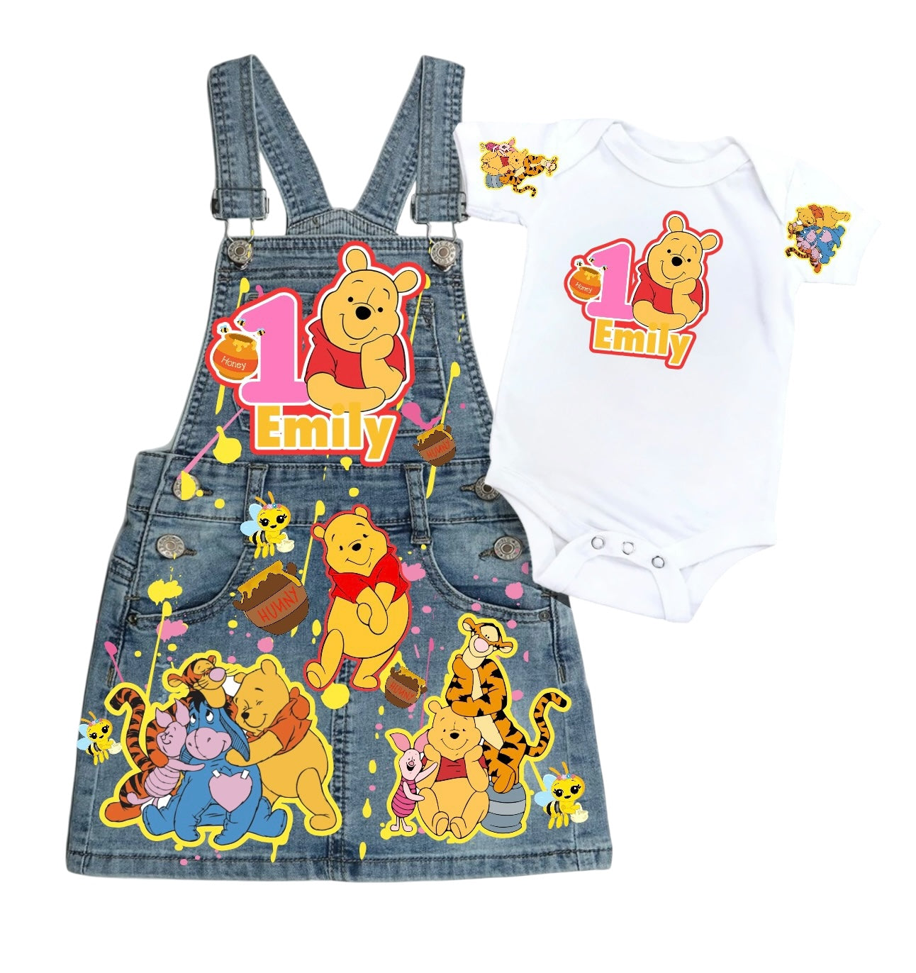 Pooh Bear Denim outfit, Pooh Bear jeans overall dress, Pooh Bear Birthday jeans outfit