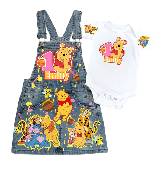 Pooh Bear Denim outfit, Pooh Bear jeans overall dress, Pooh Bear Birthday jeans outfit