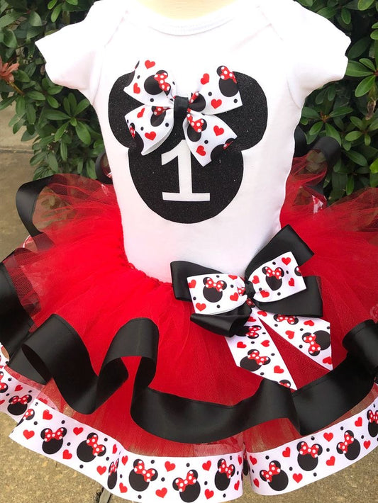 Minnie Mouse Tutu Outfit (2 layer Ribbon Trimmed tutu outfit)