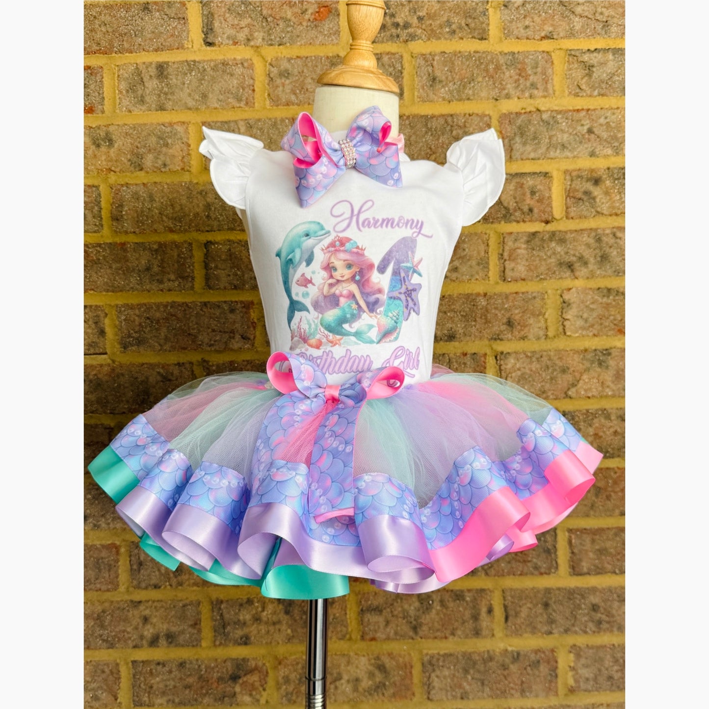 Mermaid Tutu Outfit (2 layer ribbon trim tutu)