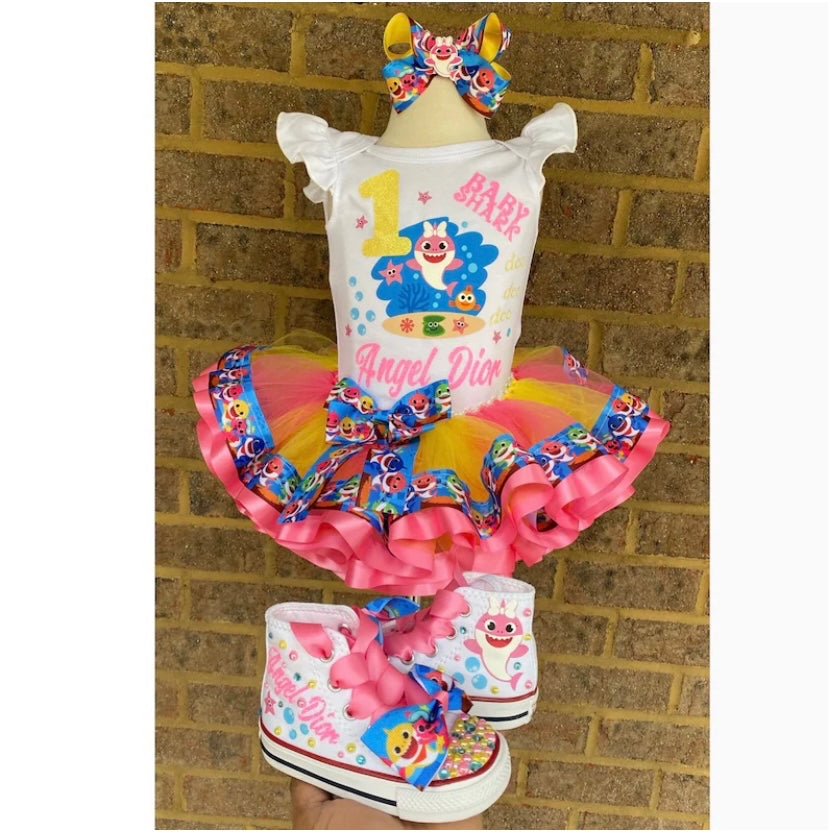 Baby Shark Tutu Outfit (3 Layer tutu with matching shoes and Hair Accessory)