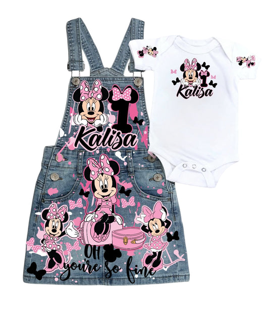 Minnie Mouse Denim overall outfit, jeans overall dress, Minnie mouse birthday jeans dress