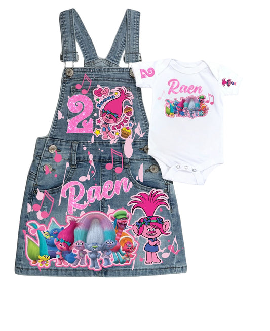 Troll Denim overall dress, Troll Jeans Birthday Dress, Poppy birthday jeans outfit