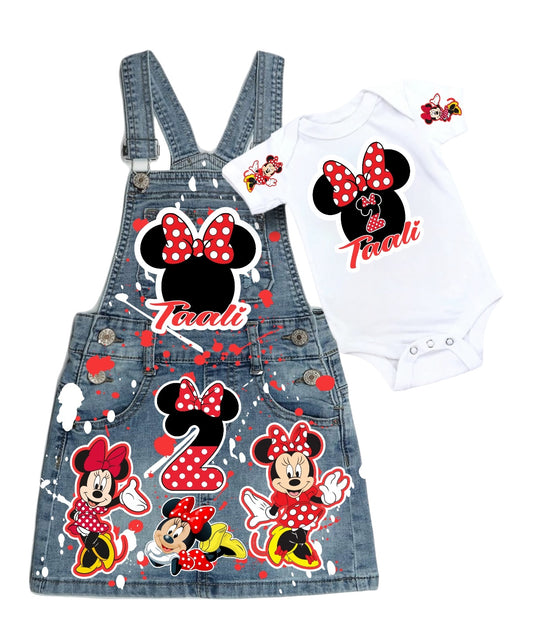 Minnie Mouse Denim overall outfit, jeans overall dress, Minnie mouse birthday jeans dress