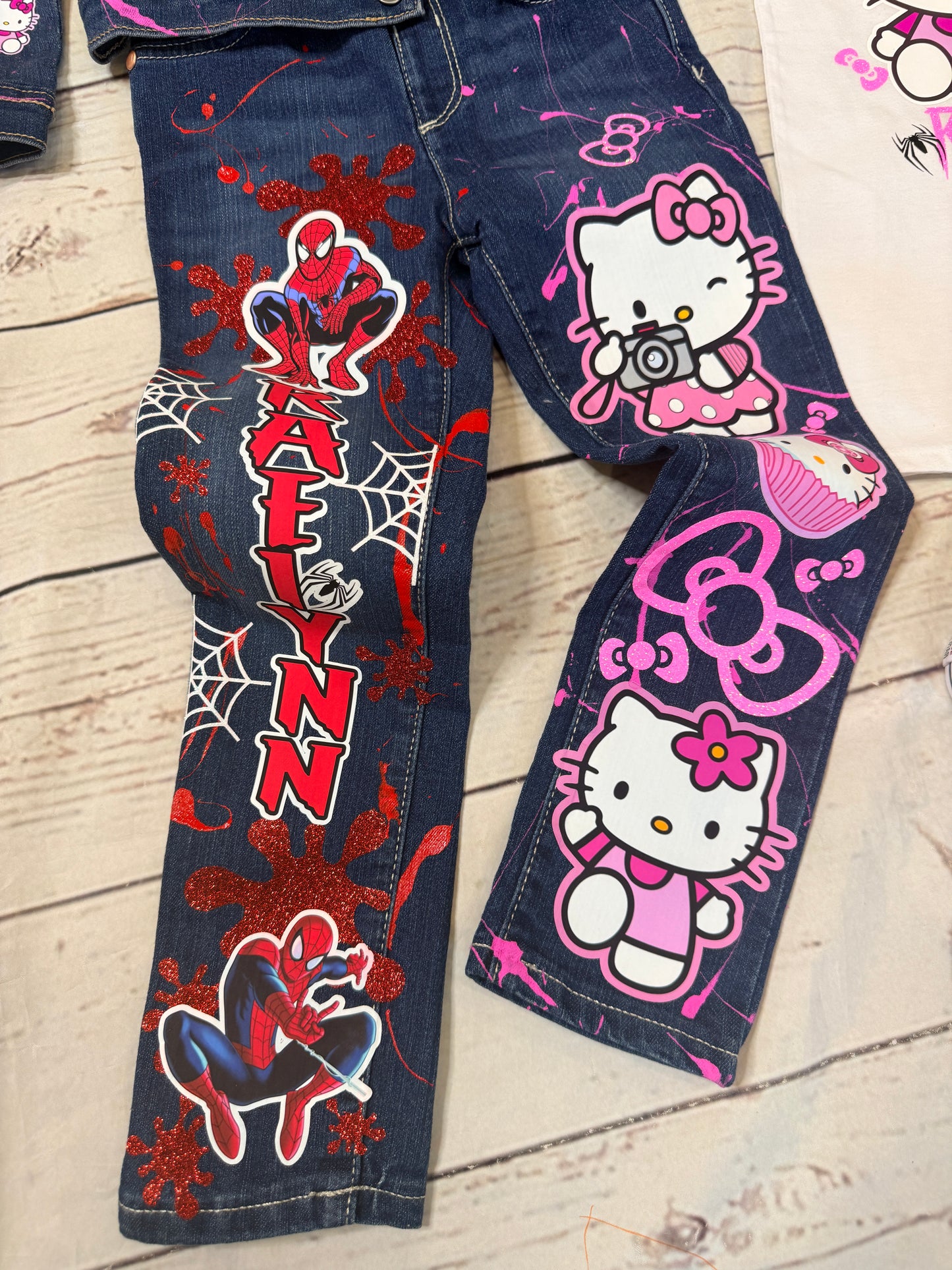 Spider Man & Hello Kitty Denim Set, spider man denim birthday outfit, hello kitty denim birthday outfit