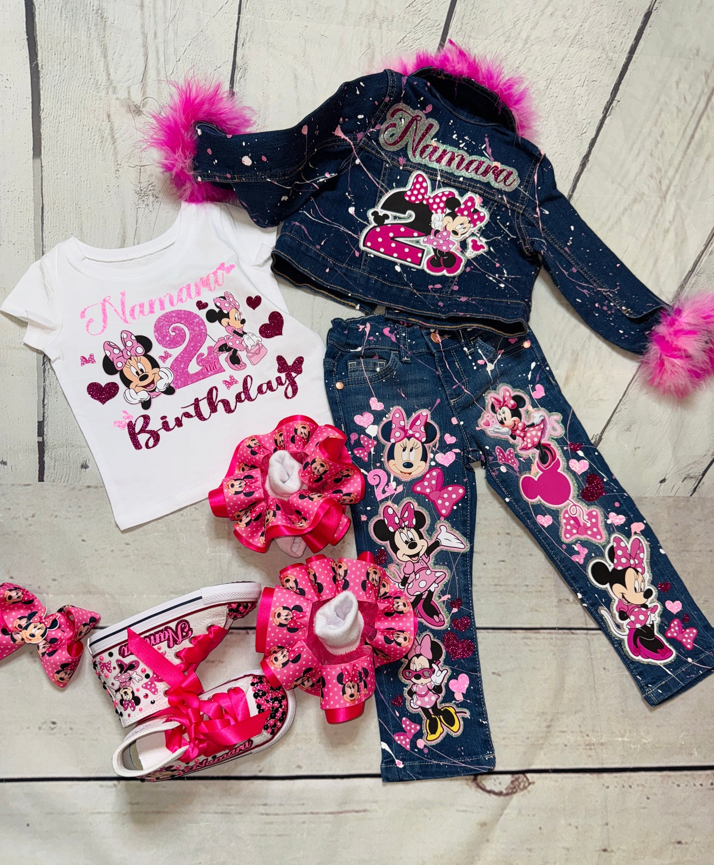 Minnie Denim Outfit, Minnie Jeans outfit ( Double Layer Glitter Design)