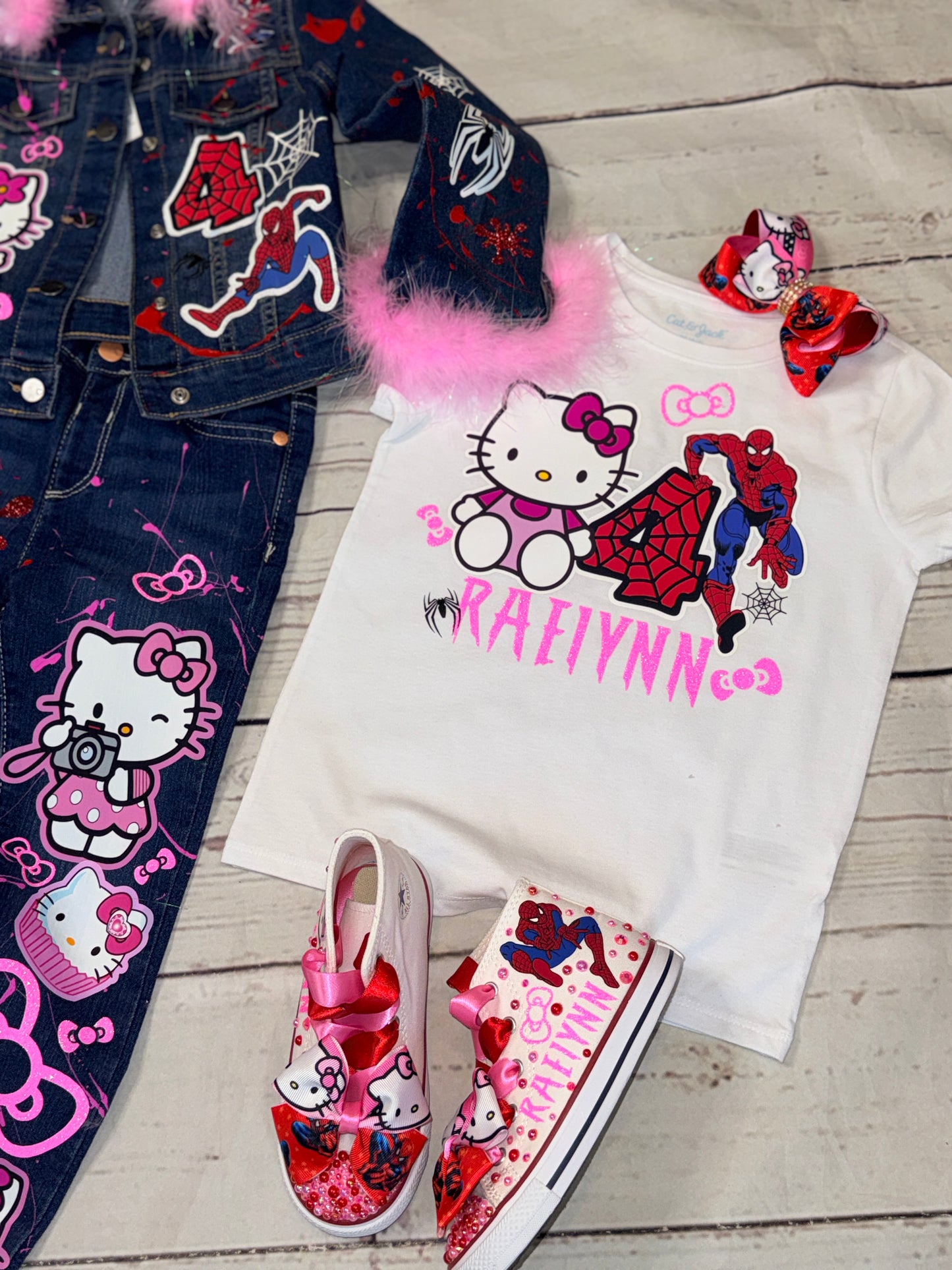 Spider Man & Hello Kitty Denim Set, spider man denim birthday outfit, hello kitty denim birthday outfit