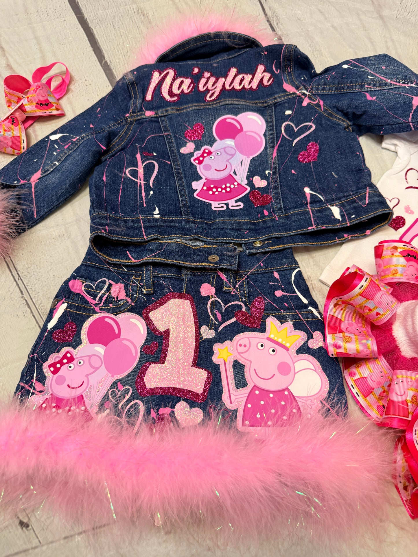Peppa Pig Denim Outfit, Peppa Big Birthday outfit (glitter double layer design)