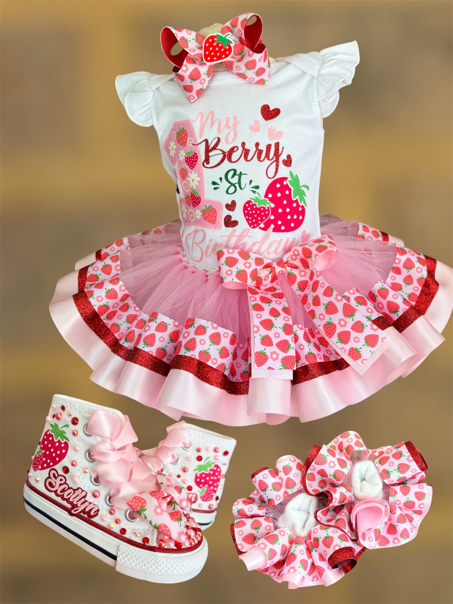 Strawberry Tutu Outfit, strawberry tutu with matching shoes and sock, Berry First Birthday tutu outfit