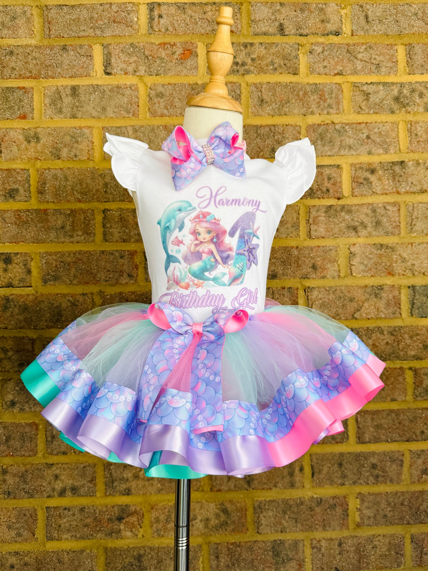 Mermaid Tutu Outfit (2 layer ribbon trim tutu)