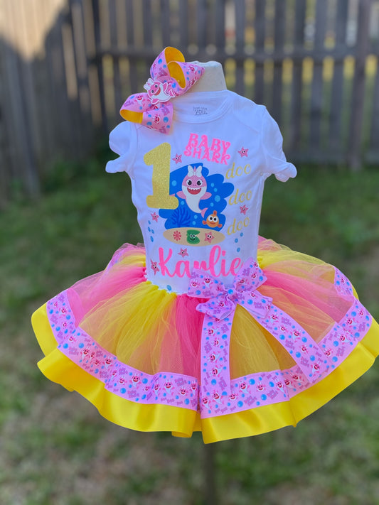 Baby Shark Tutu outfit (1 Layer Ribbon Trimmed tutu)