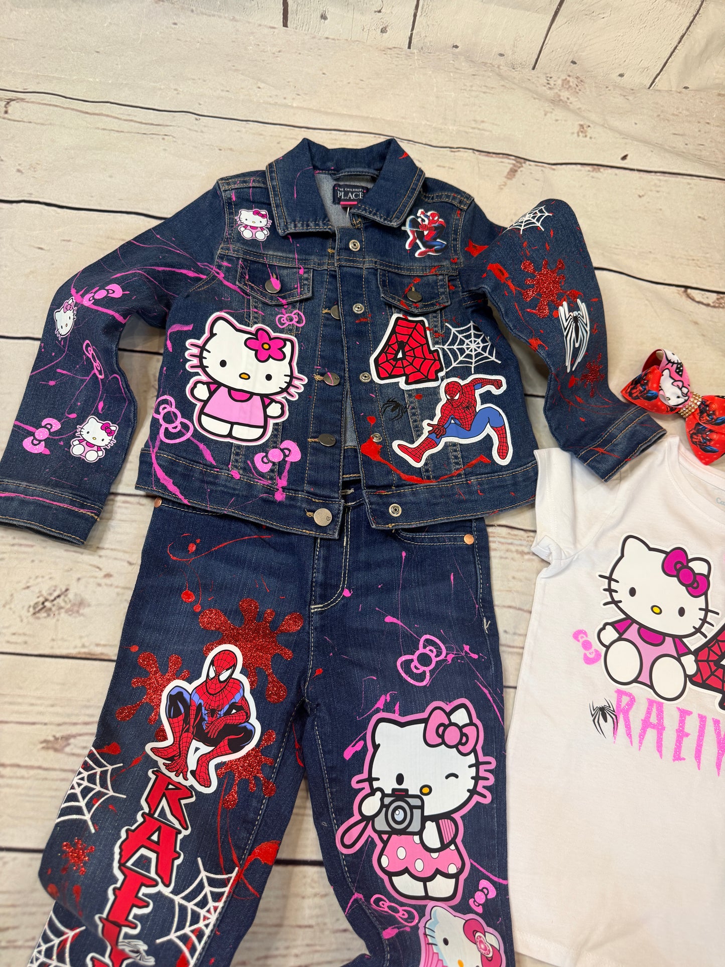 Spider Man & Hello Kitty Denim Set, spider man denim birthday outfit, hello kitty denim birthday outfit